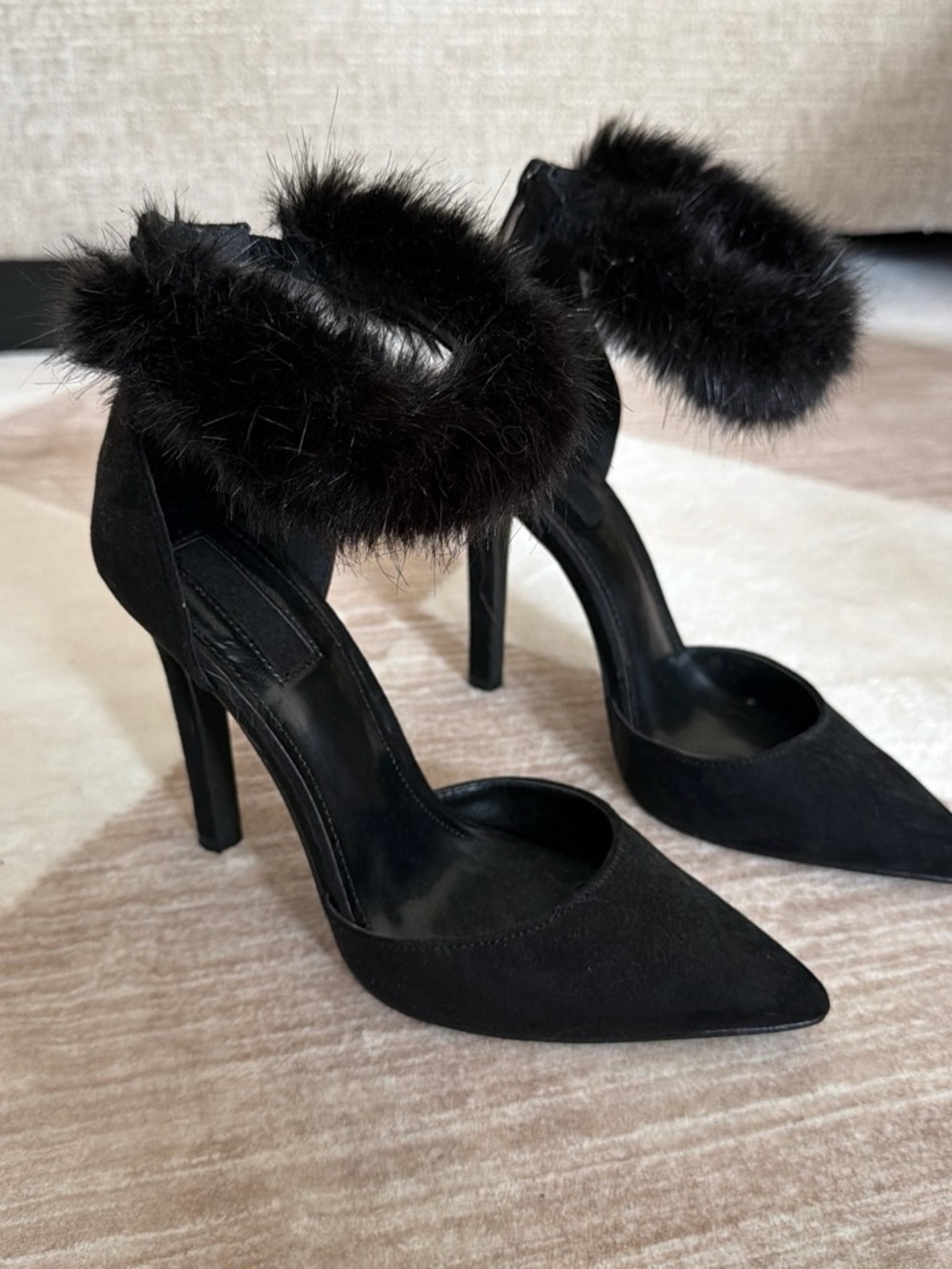 Faux Fur Ankle-Strap Pointed Black Stiletto Heels